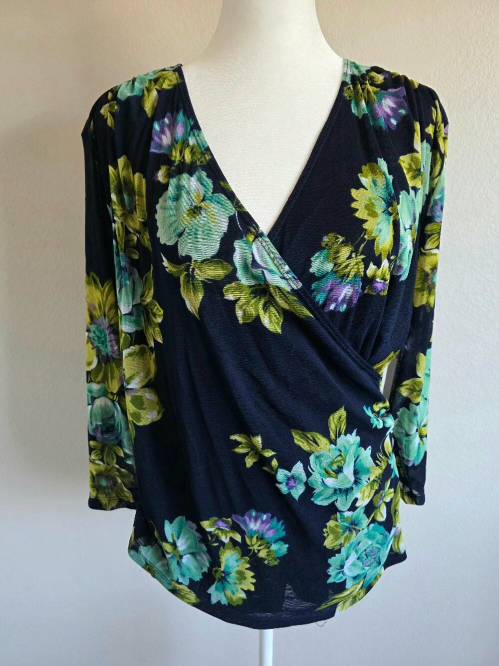 NEW Coldwater Creek Floral Mesh Top Blouse Navy Green Wrapover Ruching Size L